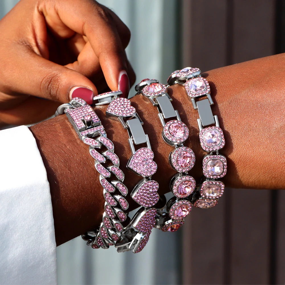 Iced Out Pink Cuban Bracelet Set