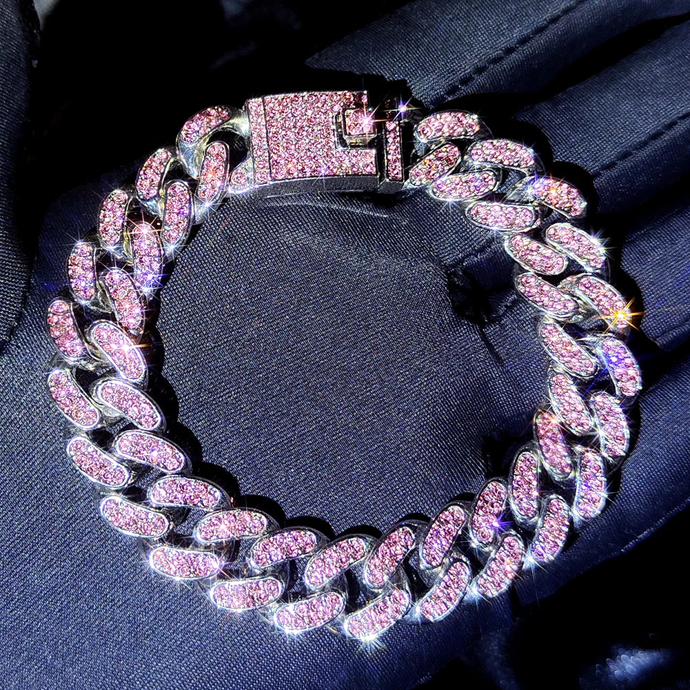 Iced Out Pink Cuban Bracelet Set