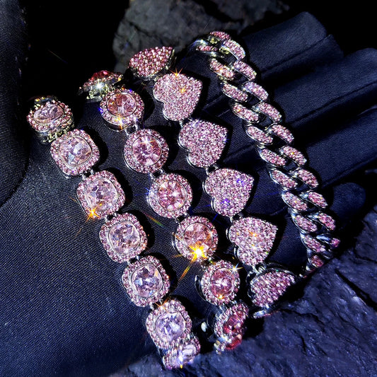 Iced Out Pink Cuban Bracelet Set