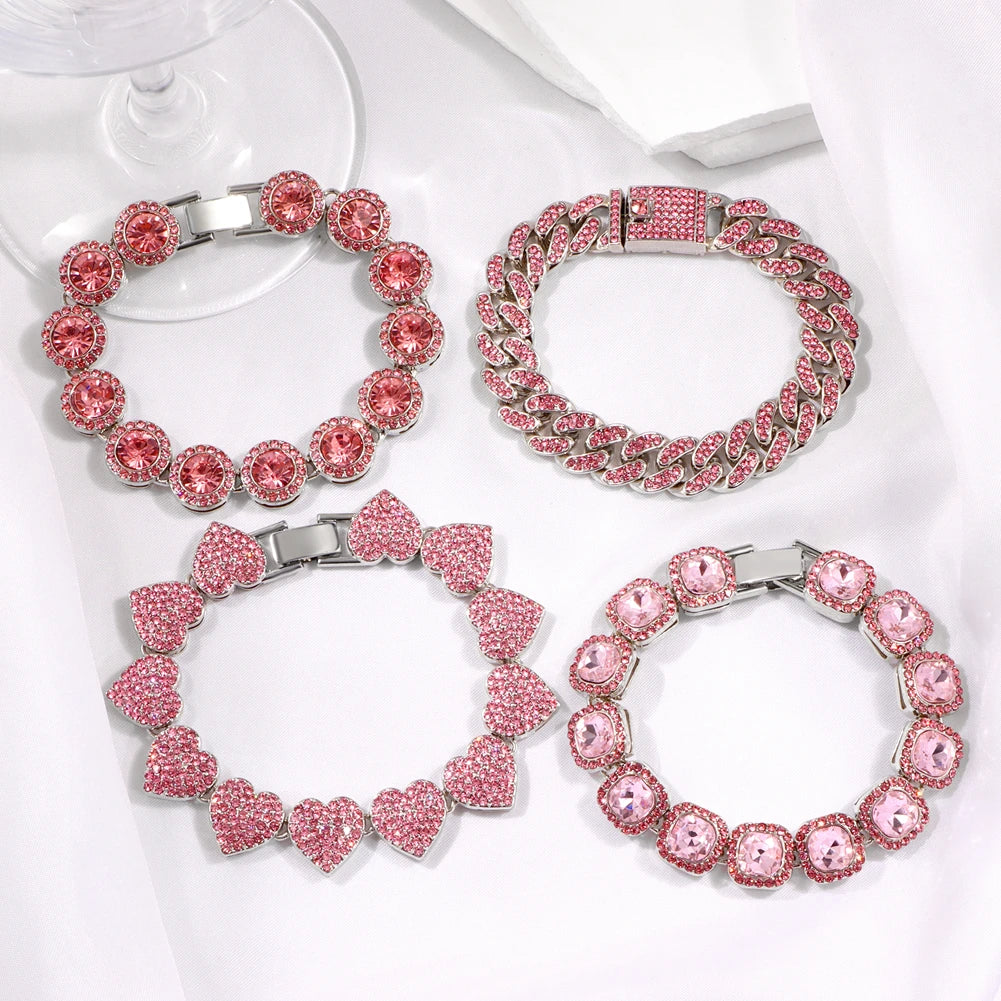 Iced Out Pink Cuban Bracelet Set